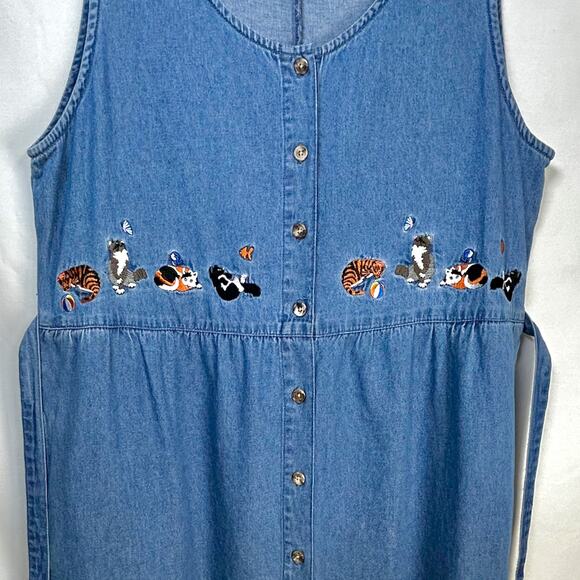 Vintage 90s Kittycore Cat Lady Twee Denim Dress Cottage Granny Kawaii Artsy MED - Picture 2 of 10
